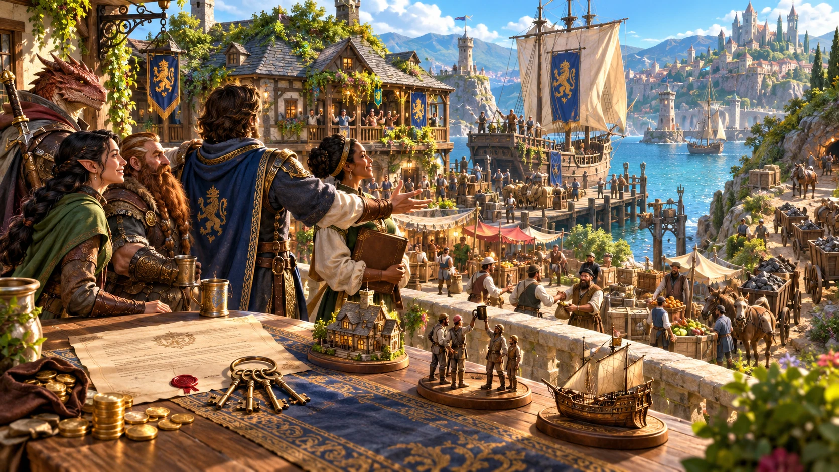 Fantasy editorial illustration of a thriving holding, workers and possible next steps
