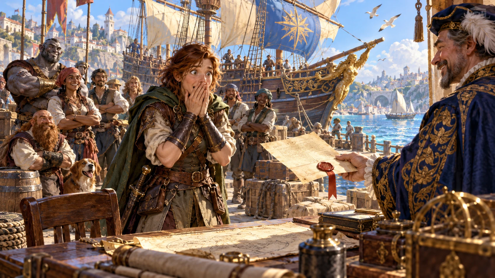 Fantasy editorial illustration of a merchant ship, deed and expectant crew